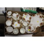 A TRAY OF ROYAL ALBERT OLD COUNTRY ROSES CHINA TO INCLUDE A TEAPOT, CUPS AND SAUCERS, CAKE STAND