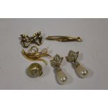 A PAIR OF SWAROVSKI CRYSTAL CLIP ON EARRINGS, TOGETHER WITH BROOCHES AND A ROTARY PENDANT WATCH