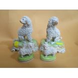 A PAIR OF DRESDEN CERAMIC DOG FIGURES TOGETHER WITH A SMALLER PAIR OF DRESDEN SHEEP FIGURES (4)