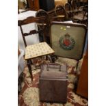 A VINTAGE GLASS FIRESCREEN, COAL BOX AND BEDROOM CHAIR (3)