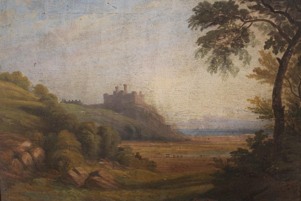 A 19TH CENTURY GILT FRAMED OIL ON BOARD OF A COASTAL SCENE WITH CASTLE BY P VAN DYKE BROWNE - Image 2 of 3