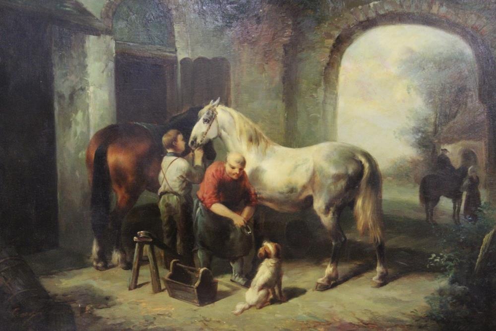 A 20th CENTURY FRAMED OIL ON BOARD OF A COURTYARD SCENE IN 18TH CENTURY STYLE WITH HORSES AND BLACKS - Image 2 of 2