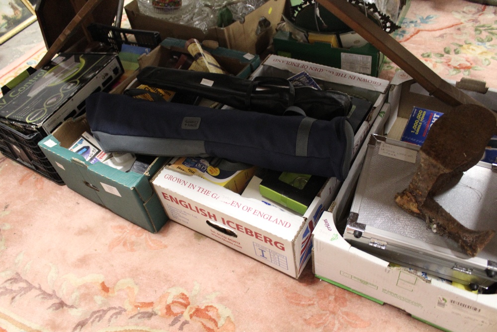 FOUR TRAYS OF ASSORTED ELECTRICALS, HOUSEHOLD SUNDRIES ETC.