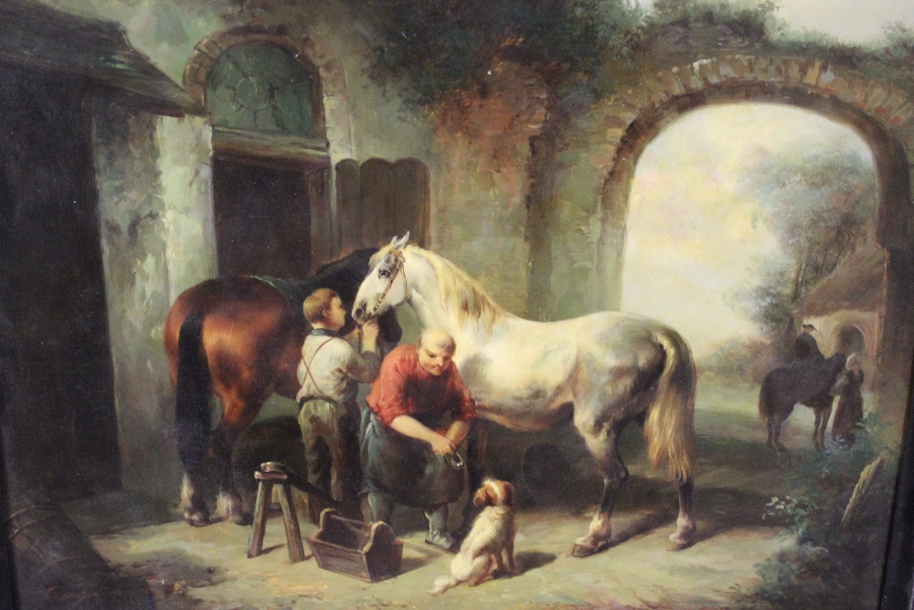 A 20th CENTURY FRAMED OIL ON BOARD OF A COURTYARD SCENE IN 18TH CENTURY STYLE WITH HORSES AND
