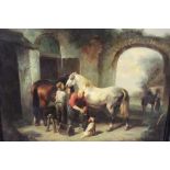 A 20th CENTURY FRAMED OIL ON BOARD OF A COURTYARD SCENE IN 18TH CENTURY STYLE WITH HORSES AND