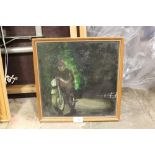 A FRAMED OIL ON BOARD OF A MOTORCYCLIST INDISTINCTLY SIGNED LOWER RIGHT