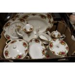 A TRAY OF ROYAL ALBERT OLD COUNTRY ROSES CHINA TO INCLUDE MEAT PLATES, CAKE STAND, TUREEN ETC.