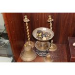 A LARGE VINTAGE BRASS BELL, TOGETHER WITH ANOTHER, BRASS BARLEY TWIST CANDLESTICKS AND A SET OF