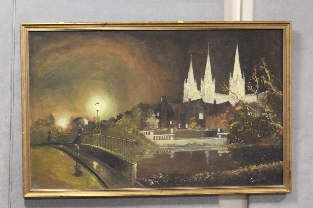 A LARGE GILT FRAMED OIL ON CANVAS DEPICTING A NIGHT TIME RIVER SCENE WITH FIGURE CROSSING A BRIDGE