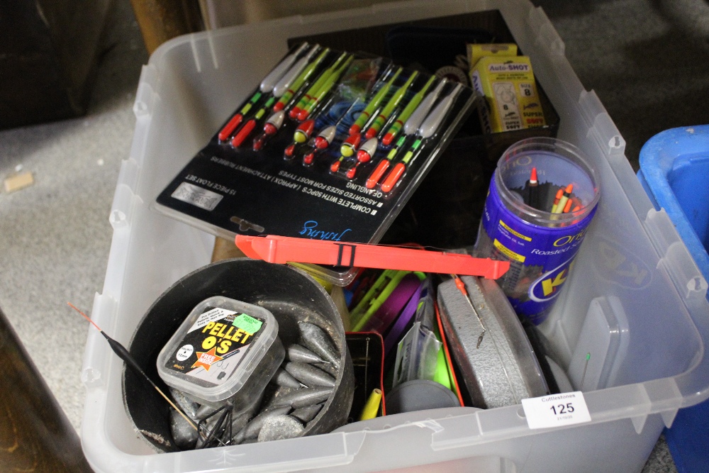 A BOX OF FISHING ACCESSORIES ETC.