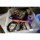 A BOX OF FISHING ACCESSORIES ETC.