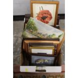 A TRAY OF PICTURES AND PRINTS TO INCLUDE WATERCOLOURS