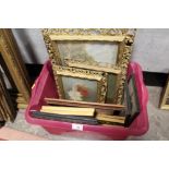 A BOX OF ASSORTED PICTURES AND PRINTS TO INCLUDE GILT FRAMED FLORAL OIL PAINTINGS, WATERCOLOUR ETC.