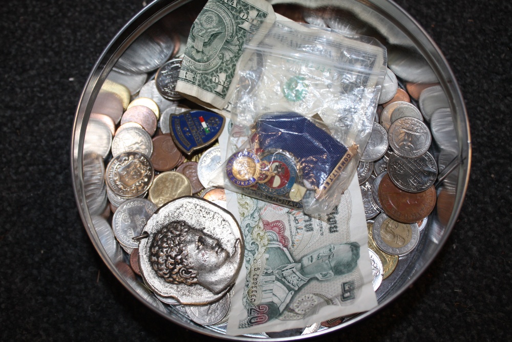 A TIN OF COINS, MEDALS, NOTES ETC.