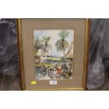A FRAMED GLAZED WATERCOLOUR OF FIGURES FISHING SIGNED CHENK