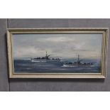 A FRAMED VINTAGE OIL ON BOARD DEPICTING WAR SHIPS AT SEA