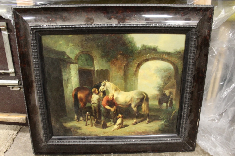 A 20th CENTURY FRAMED OIL ON BOARD OF A COURTYARD SCENE IN 18TH CENTURY STYLE WITH HORSES AND - Image 2 of 2