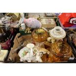 TWO TRAYS OF ASSORTED CERAMICS AND GLASSWARE TO INCLUDE A PAIR OF RETRO GLASS LIDDED FOOTED BOWLS