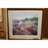 A FRAMED AND GLAZED SIGNED LIMITED EDITION P O JONES RAILWAY INTEREST PRINT