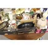 THREE TRAYS OF ASSORTED CERAMICS TABLE LAMPS, WOODEN FIGURES ETC.