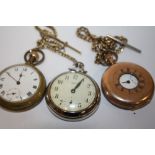 A GOLD PLATED HALF HUNTER POCKET WATCH ON CHAIN A/F , TOGETHER WITH TWO SMITHS EXAMPLES (3)