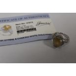 A 9K WHITE GOLD AND CITRINE DRESS RING WITH CERTIFICATE, SIZE- N APPROX WEIGHT - 6.8G