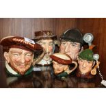 ROYAL DOULTON CHARACTER JUGS - THE SLEUTH D6631 AND D6635, tallest H20.5 cm and having a brown hat -