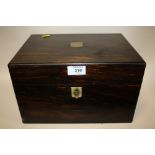 A VICTORIAN COROMANDEL LADIES VANITY BOX WITH FITTED INTERIOR, HAVING VANITY JARS WITH HALLMARKED