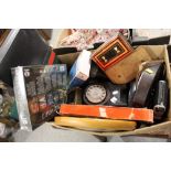 A BOX OF COLLECTABLES TO INCLUDE A VINTAGE TELEPHONE, CLOCKS ETC.