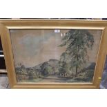 A LARGE GILT FRAMED AND GLAZED WATERCOLOUR DEPICTING A HILLSIDE ROD SIGNED EDWIN HARRIS