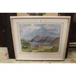 A FRAMED AND GLAZED WATERCOLOUR OF A MOUNTAINOUS LAKE SCENE SIGNED MURIEL DEXTER