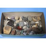 A BOX OF STONES, FOSSILS ETC.