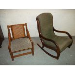 A ROCKING CHAIR AND AN OAK FRAMED CHAIR