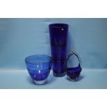 THREE PIECES OF POLISH BLUE GLASS TO INCLUDE A TALL VASE H 40 CM