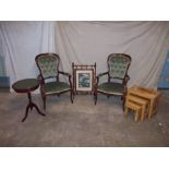 TWO REPRODUCTION CHAIRS, A WINE TABLE, A NEST OF TABLES AND A FIRESCREEN