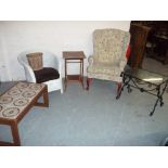 SIX ITEMS TO INCLUDE A WICKER CHAIR, TABLES ETC.