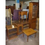 FIVE PINE ITEMS: SOLID PINE DISPLAY CABINET, A MEDIA TV UNIT, A SOLID PINE TABLE ETC.