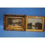 A FRAMED OIL ON BOARD DEPICTING A COUNTRY SCENE SOGNED 'BOSSI' TOGETHER WITH A PAINTING OF A CANAL