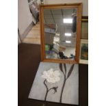 A PINE FRAMED MIRROR APPROX. 97 X 56 CM TOGETHER WITH A MODERN FLORAL PICTURE