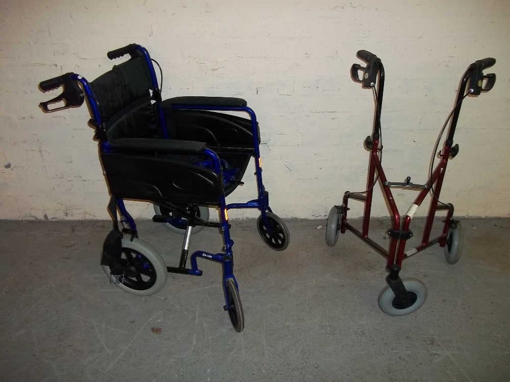 A WHEELCHAIR AND A WALKING AID