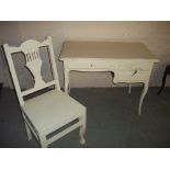 A SHABBY CHIC FRENCH STYLE DESK WITH KEY AND CHAIR