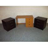 A MODERN DRESSING TABLE AND TWO, THREE DRAWER NARROW CHESTS.