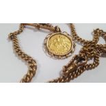 A 9 CT GOLD DOUBLE ALBERT WATCH CHAIN WITH ATTACHED 1897 HALF SOVEREIGN, W 23.8 g