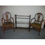 TWO ANTIQUE OAK CARVER CHAIRS AND AN EDWARDIAN TOWEL RAIL A/F