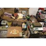 FOUR TRAYS OF COLLECTABLE TINS, BOXES ETC. (TRAYS NOT INCLUDED)