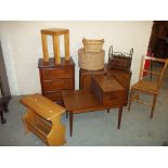 NINE ITEMS INCLUDING A VINTAGE TELEPHONE TABLE, A CHEST OF DRAWERS, A MEDIA UNIT, AN OAK MAGAZINE