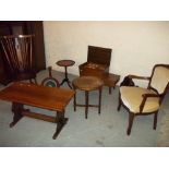 EIGHT ITEMS INCLUDING A VINTAGE SEWING TABLE / BOX, WINE TABLES, CHAIRS ETC.