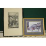 A PRINT OF A BETTY STIRLING PAINTING OF TRAMS TOGETHER WITH AN ETCHING OF CANTERBURY GATE BY ADRIAN