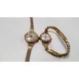 TWO VINTAGE LADIES 9 CT GOLD WATCHES ON LATER PLATED BRACELETS