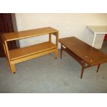 A VINTAGE FOLD OUT TROLLEY TABLE AND A VINTAGE COFFEE TABLE WITH STRETCHER SHELF